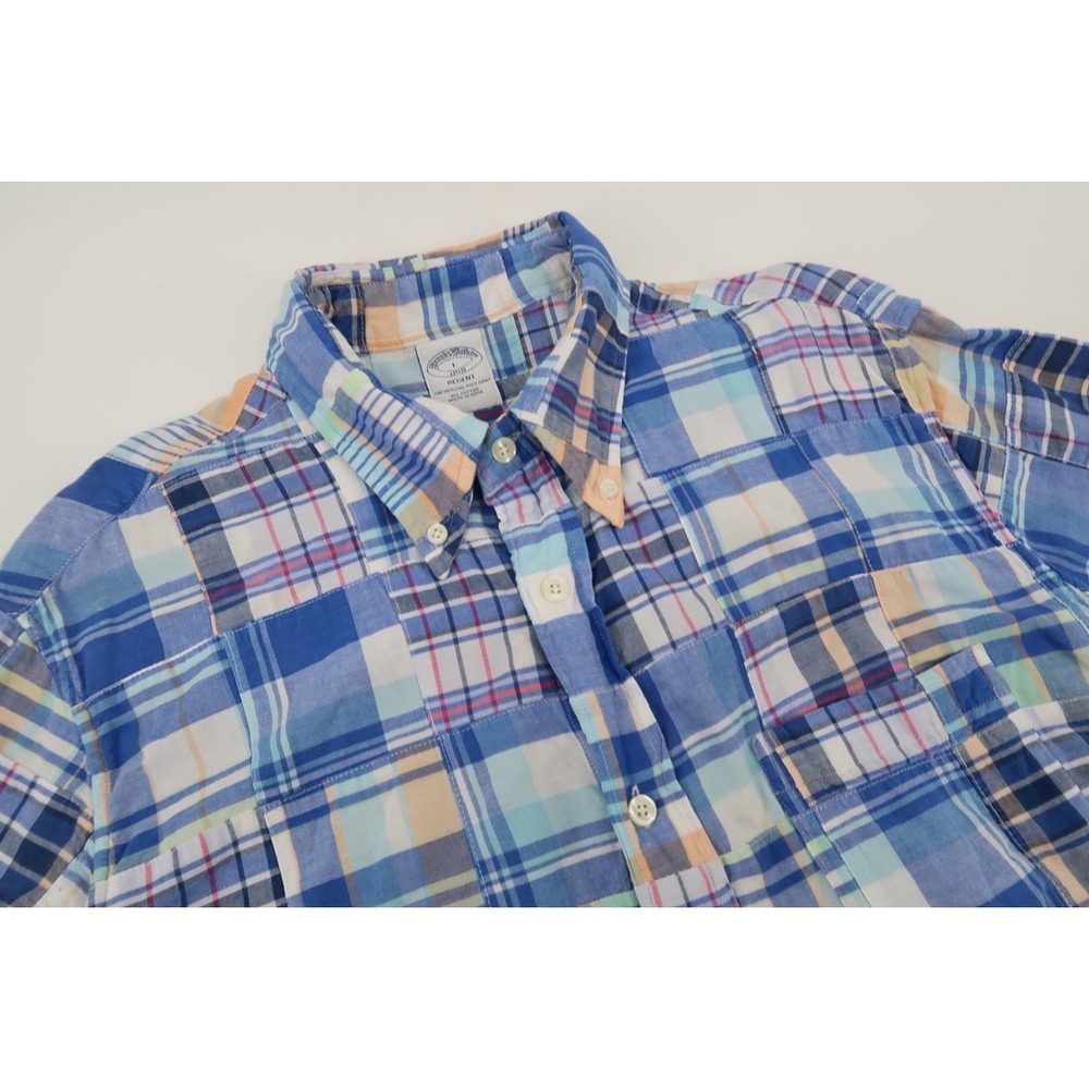 Brooks Brothers Regent Shirt Patchwork Madras Mens Large Blue Plaid Short Sleeve